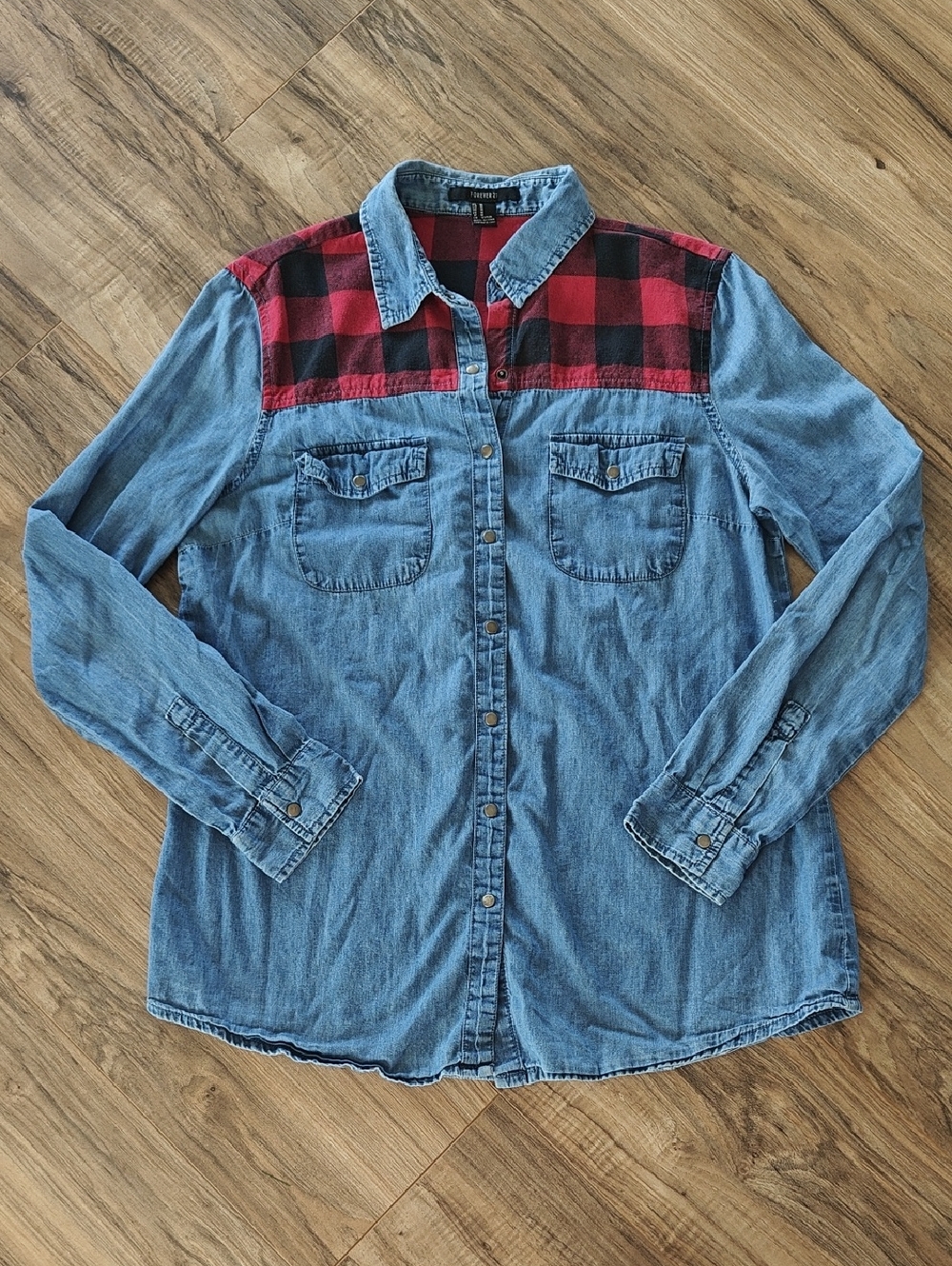 EUC Plaid Shoulder Denim Shirt